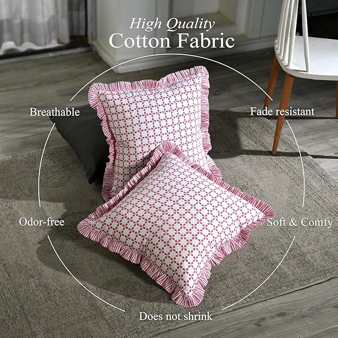 CPC Magenta Pink Hand Block Print 100% Cotton Ruffle Throw Pillow Cover 20x20 inch with Hidden Zipper Decorative for Couch, Bed, Sofa, Farmhouse, Cottagecore Decor Gift Christmas Fall Thanksgiving