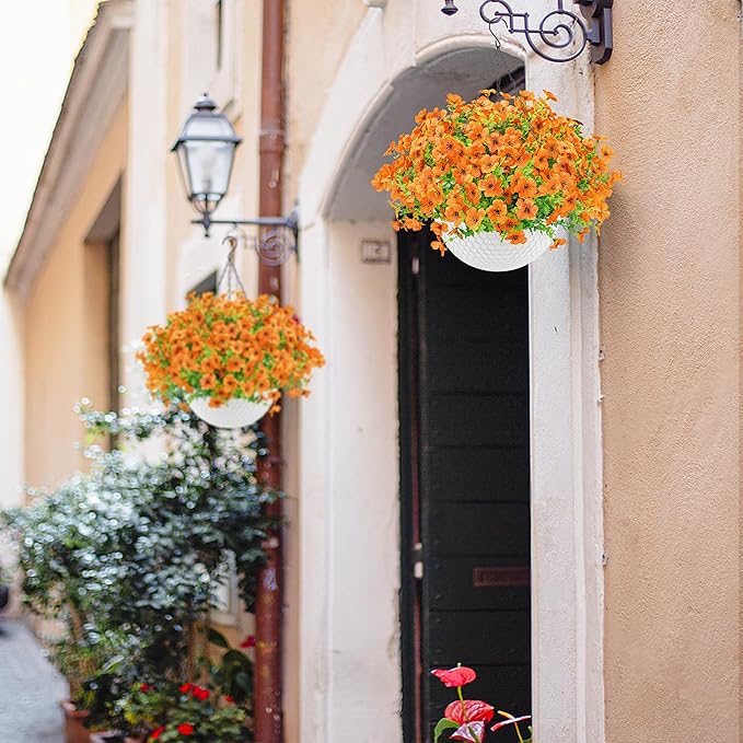 Der Rose Artificial Hanging Flowers Basket for Faux Plants Outdoor Spring Summer Decoration UV Resistant Fake Flowers for Patio Balcony Farmhouse Decor(Orange)