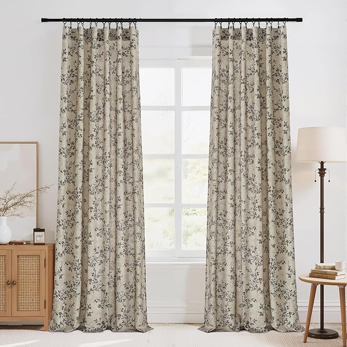 StangH Porcelain Vintage Floral Curtains 90 Inches, Classic Printed Linen Blend Drapes, Light Filtering Privacy Window Curtains for Living Room, Porcelain, W52 x L90, 2 Panels