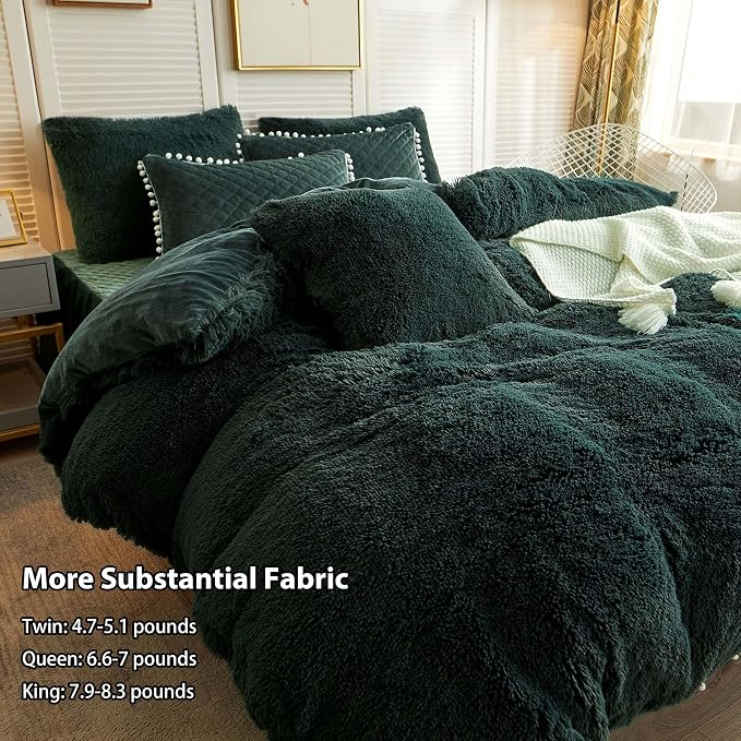 LIFEREVO Luxury Plush Shaggy Duvet Cover Set, Ultra Soft Fluffy Furry Duvet Cover Set(1 Faux Fur Fuzzy Comforter Cover + 2 Pom Poms Velvet Pillow Shams) Bedding Set, Zipper Closure(King, Dark Green)