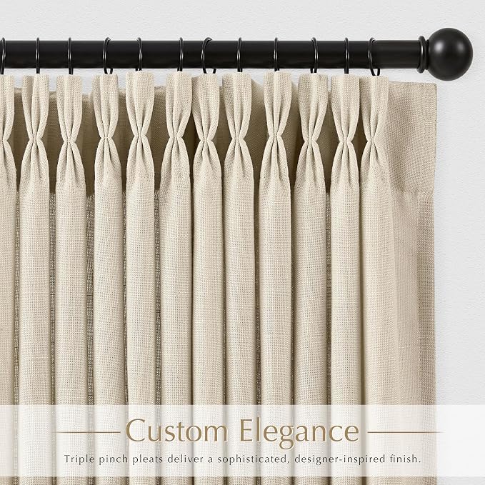 Beige Pleated Linen Curtains 102 inch Long 2 Panels for Living Room Light Filtering Triple Pinch Pleat Curtain Memory Trained Boho FarmhouseNeutral Earthy Thick Flax Linen Drapes 102 Length Apricot