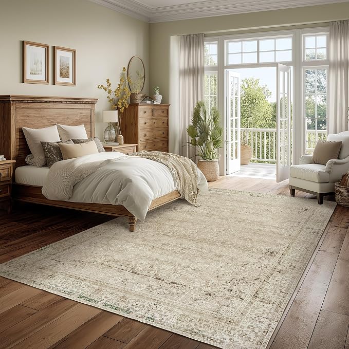 BILEEHOME Cream and Light Tan Rug for Bedroom Neutral Boho Farmhouse Floral Washable Soft Distressed Low Pile Non Slip Area Rugs for Living Room Home Office,5x8