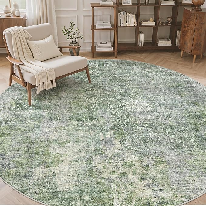 Soalmost 9x9 Green/Ivory Round Rug 9ft Living Room Circle Rug Vintage Round Area Rug Non Slip Indoor Carpet for Apartment