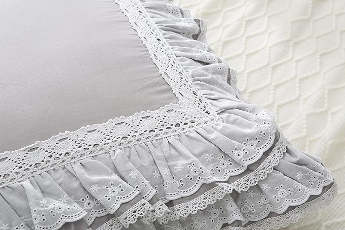 Light Gray Lace Euro Shams Luxury Throw Pillow Covers Cushion Cases with Ruffles Cotton 26"X26" Zipper Closure Elegant 2-Pack