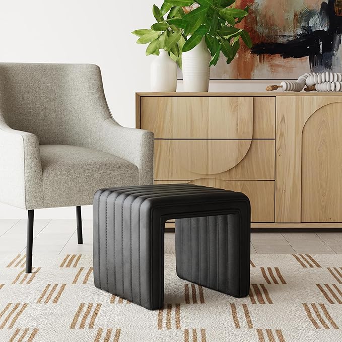 HomePop Modern Channel Tufted Faux Leather Ottoman|Homepop Home Décor|Ottoman for Living Room & Bedroom - Black Faux Leather