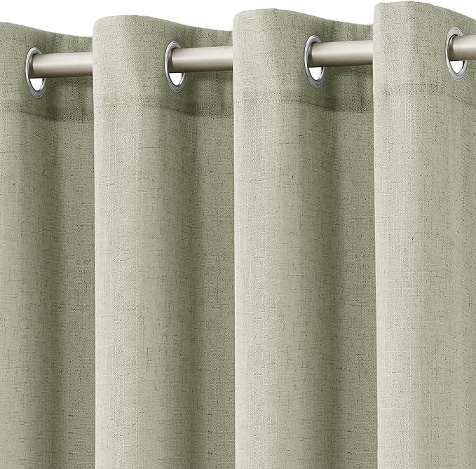 Sage Green Linen Curtains 108 Inch Length for Living Room 2 Panels Set Soft Thick Textured Grommet Design Semi Sheer Light Filtering Window Curtain Drapes Burlap Look Rustic Farmhouse Decor 52x108