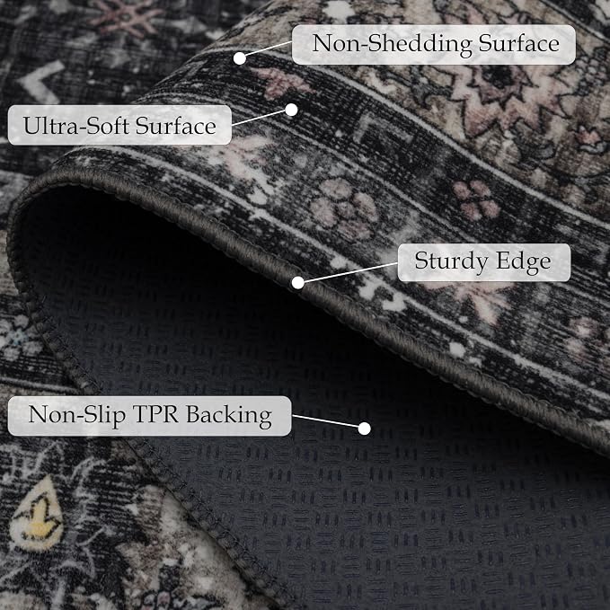 Ruaruarug Washable Area Rug 8x10 for Living Room, Bedroom, Ultra Soft Non Slip Stain & Fade Resistant, Pet & Kids Friendly, Suitable for High Traffic Areas Easy to Clean for Office Kitchen, Black Gray