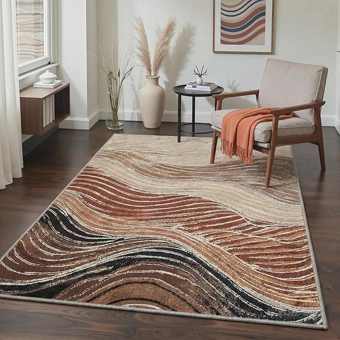 BEIMO Area Rugs 8x10 for Living Room Bedroom, Modern Abstract Machine Washable Rug, Large Soft Low Pile Floor Carpet with Non Slip Backing for Dining Room, Caramel Sand