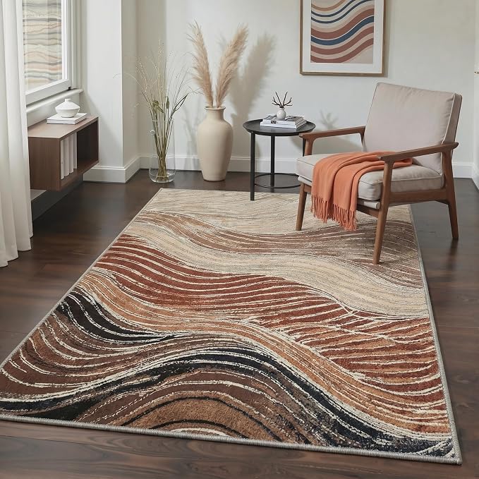 BEIMO Area Rugs 10x14 for Living Room Bedroom, Modern Abstract Machine Washable Rug, Large Soft Low Pile Floor Carpet with Non Slip Backing for Dining Room, Caramel Sand