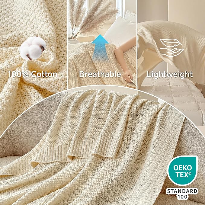Simple&Opulence 100% Cotton Blanket King Size, Solid Color Cable Knitted Blanket Super Soft Comfortable Breathable Decorative Farmhouse for Couch Sofa Bed, All Season Use(White,104x90)