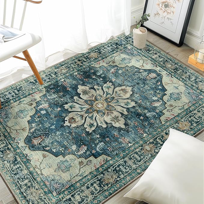RELEANY Area Rugs 3'x4' Washable Non-Slip, Floral Vintage Distress Print Pattern Medallion Carpet for Living Room Bedroom Dining Room, Dark Blue Vintage