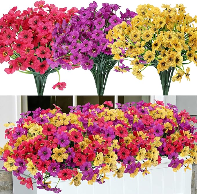 Geegoods Artificial Mums Flowers for Outdoors, 12 Bundles UV Resistant Fake Plastic Colorful Mix Flowers for Patio Porch Spring Summer Decor