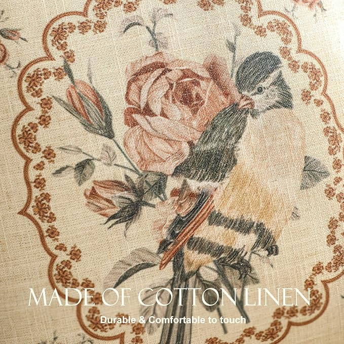 patdrea Vintage Linen Throw Pillow Cover,18"x18",Set of 2-ParkerEstate C | French Decorative Pillow Case with Zipper,Bird and Floral Pattern,Cushion Coverfor Couch Living Room Bedroom