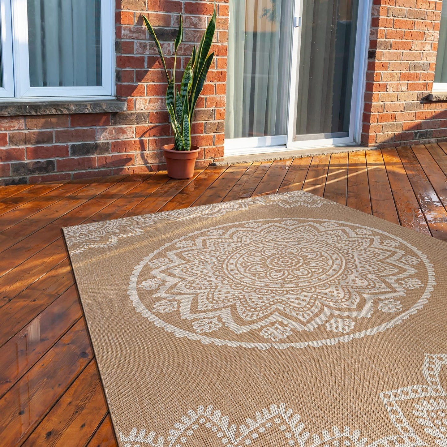 CAMILSON Outdoor Rug 6x9 Modern Area Rugs for Indoor and Outdoor Patios and Porches - Waterproof, Washable, Non-Shedding, Easy-to-Clean Outside Carpet (6 x 9, Medallion - Beige/White)