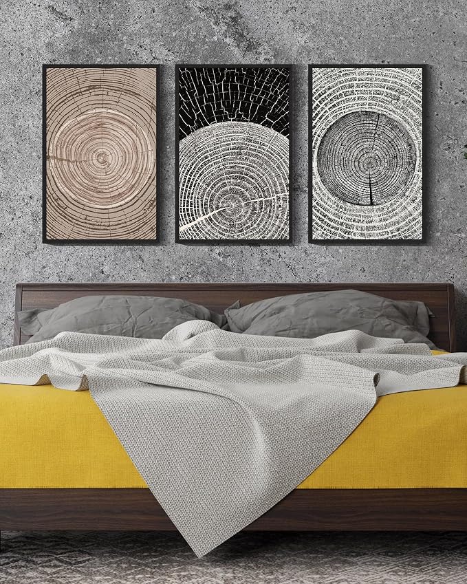 PHOPAGO Vintage Wood Tree Rings Wall Art Large 16x24in Farmhouse Rustic Framed Canvas Paintings Living Room Bedroom Decor Nature Artwork Black Framed