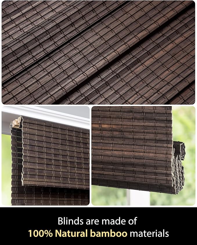 UNISHADES Cordless Bamboo Roman Shades, 32.5×64 in, BDP-Espresso | Wide Bamboo Strip Weaving Technique, High light-blocking capacity, High Level of Privacy Protection