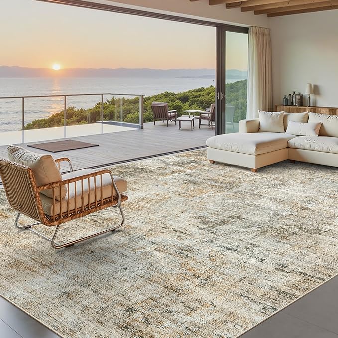 Soalmost 9x12 Area Rugs for Living Room, Non-Slip Machine Washable Vintage Rugs, Abstract Low Pile Lightweight Large Rug for Bedroom, Dining Room, Home Office Orange