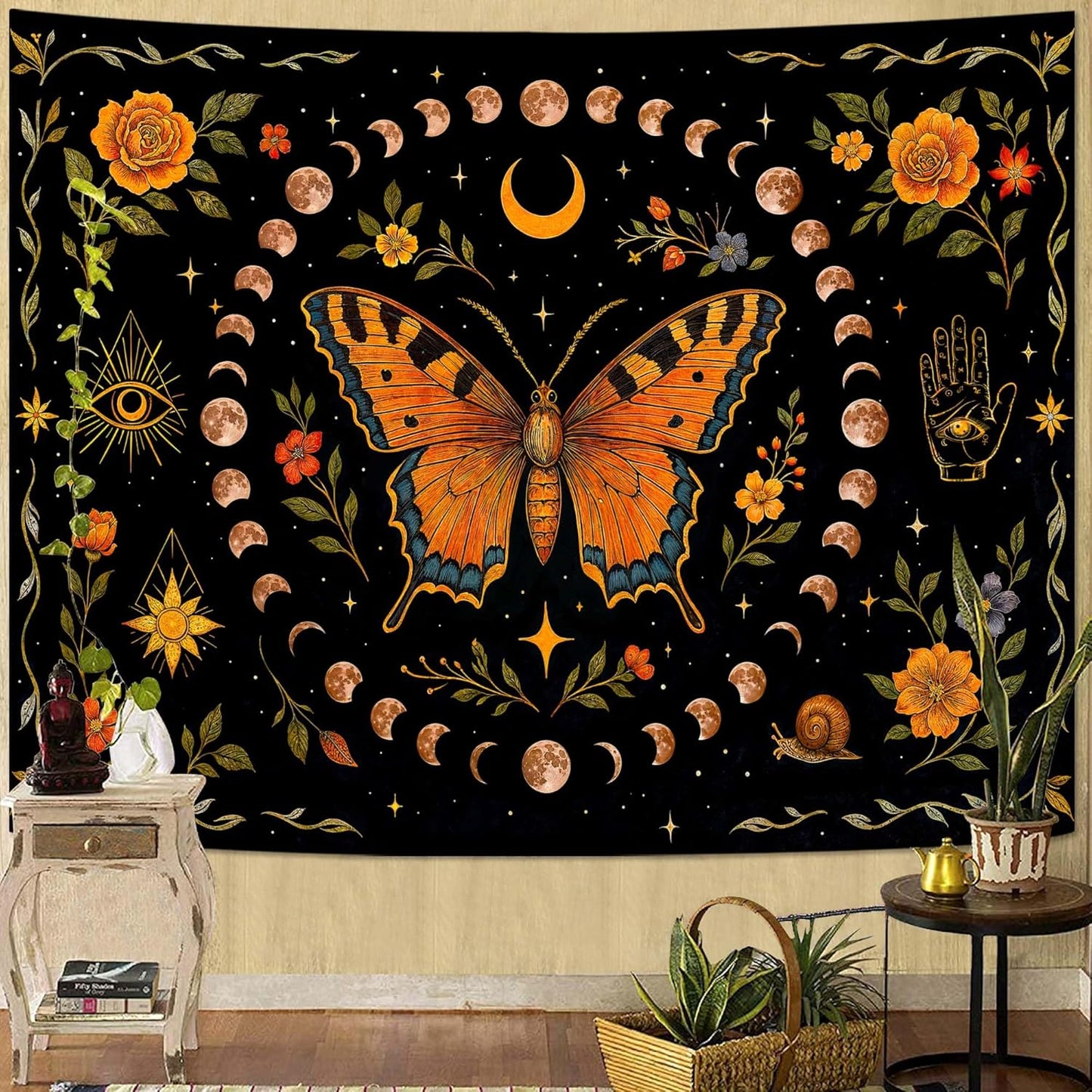 Lunerfex Moon Phase Butterfly Floral Wall Tapestry, Celestial Botanical Tapestries for Room Decor, Mystical Tapestry 90x70 Inch