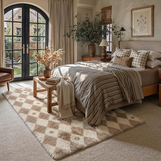PureCozy Brown 6x9 Area Rug for Living Room Washable Non Slip Neutral Soft Bedroom Checkered Carpet Colorful Fluffy Modern Shag Fuzzy Indoor Large Aesthetic Bedroom Home Office Playroom Nursery