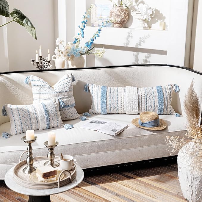 BlissBlush 18X18 Throw Pillow Cover, Coastal Blue Square Decorative Cushion Cover, Boho Accent Pillowcase with Tassels for Couch Sofa Living Room (Cover Only)