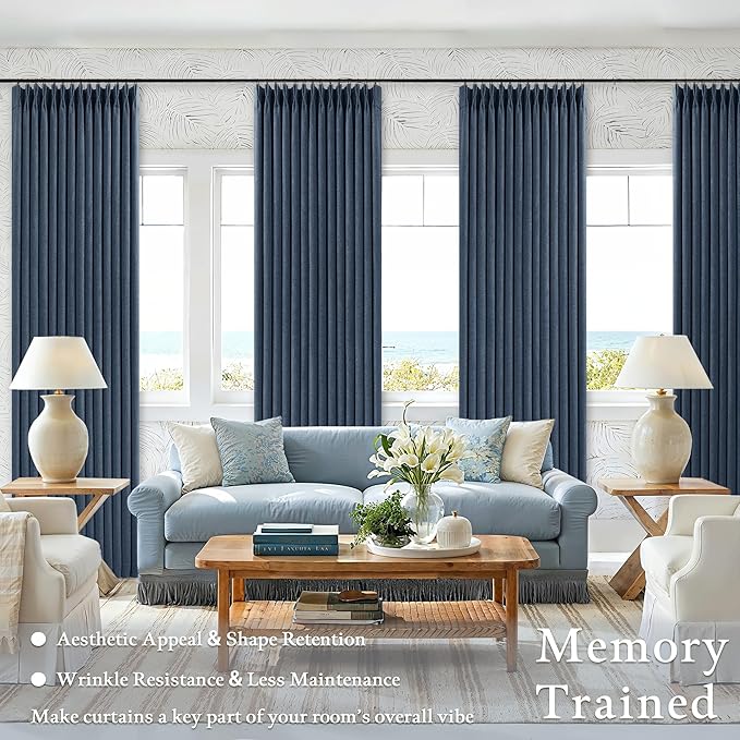 Extra Long Navy Blackout Curtains 120 Inches Long for Bedroom 2 Panels Pinch Pleated 100% Black Out Soundproof Room Darkening Dark Blue Window Curtains Double Layer Pinch Pleat Drapes