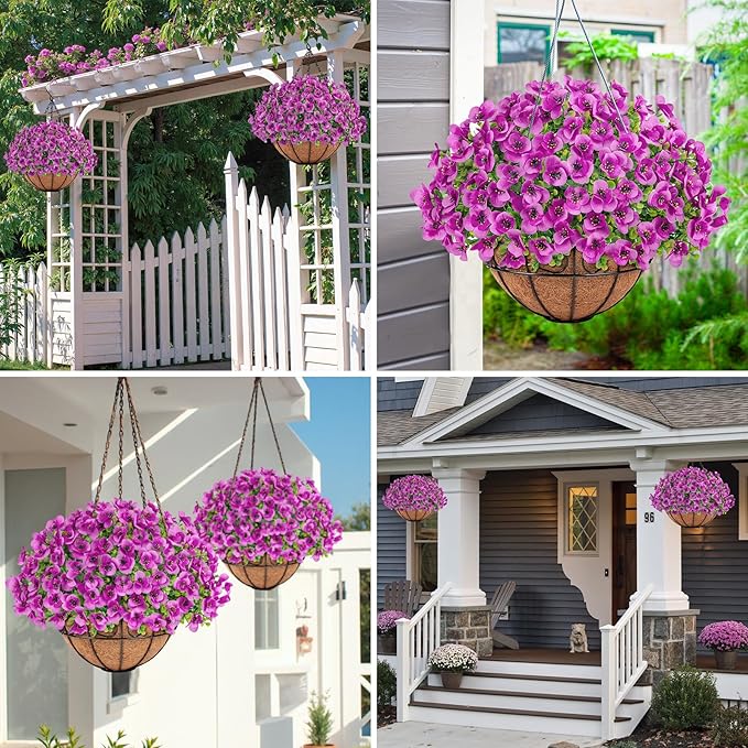 Artificial Hanging Flowers with Baskets for Outdoors, Fake Silk Pansy Flowers UV Resistant Faux Hanging Plants for Front Porch Patio Yard Home Spring Summer Decoration, Fuchsia