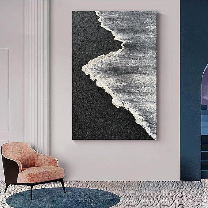 NANKAI Art Hand-Painted 3D Ocean Landscape Oil Painting Black and White Abstract Canvas Art Mural Family Wall Decoration Art 45x30 inches