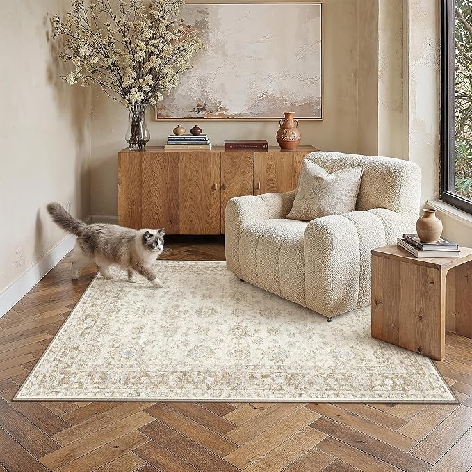 4x6 Washable Neutral Area Rug for Living Room Bedroom Beige Floral Soft Non Slip Rug Low Pile Distressed Carpet for Dining Room Nursery Office Indoor