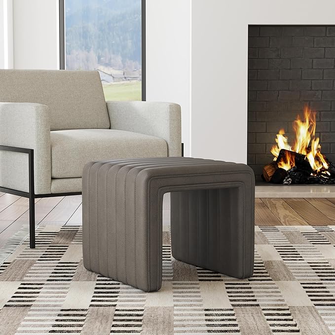 HomePop Modern Channel Tufted Faux Leather Ottoman|Homepop Home Décor|Ottoman for Living Room & Bedroom - Pewter Gray Faux Leather