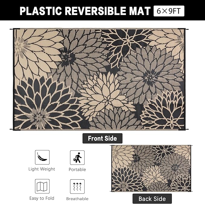HUGEAR 6'x9' Outdoor Rug Waterproof Plastic Straw Rugs Brown Reversible Floral Mat Floor Carpet for Camping RV Deck Entryance Porch Picnic Balcony Beach Backyard