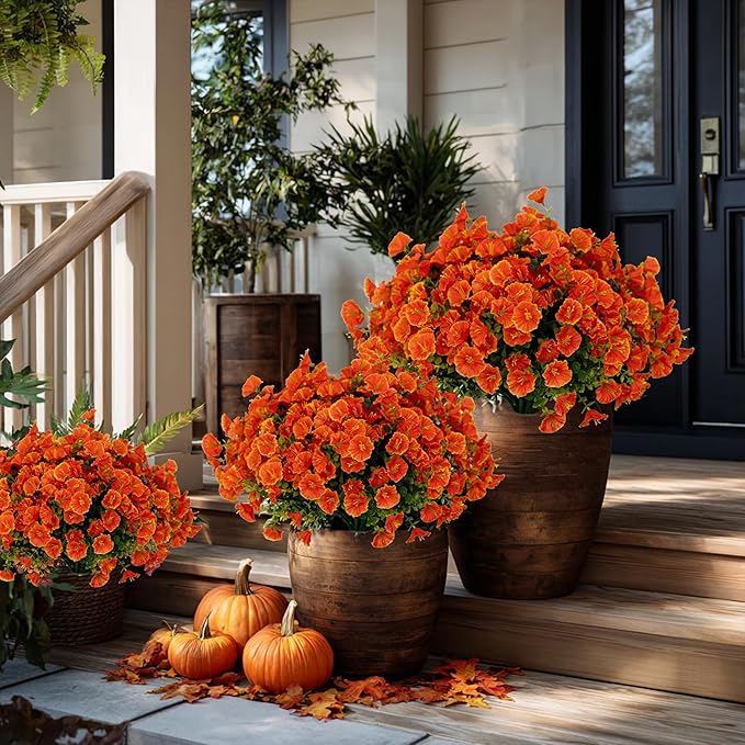 AXYLEX Artificial Fall Flowers Outdoor Fake Mums - 16 Bundles Fake Plants UV Resistant No Fade Faux Plastic Greenery Garden Morning Glory Home Decor (1, Orange)