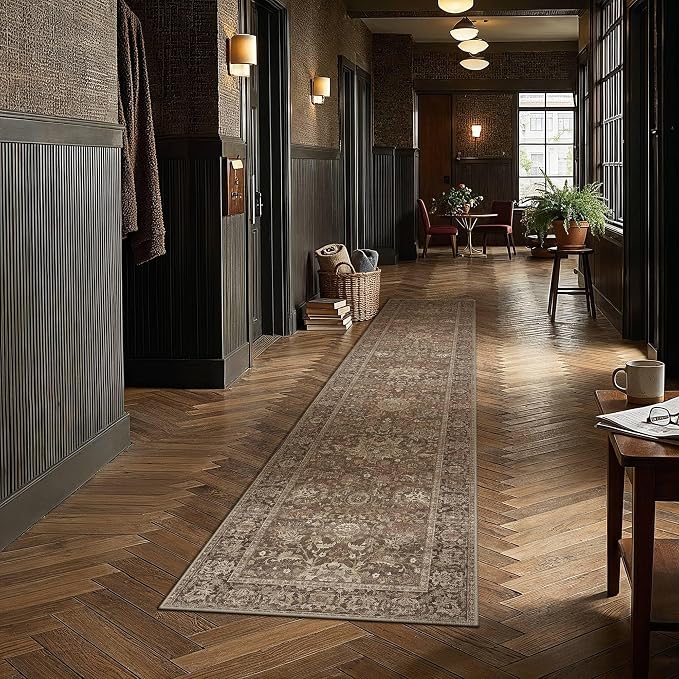 HUGEAR Hallway Runner Rugs 3x10 Brown Washable Rug Neutral Vintage Rug Carpet Distressed Soft Durable Non Slip No Shedding for Indoor Bedroom Kitchen Dining Nursery Laundry