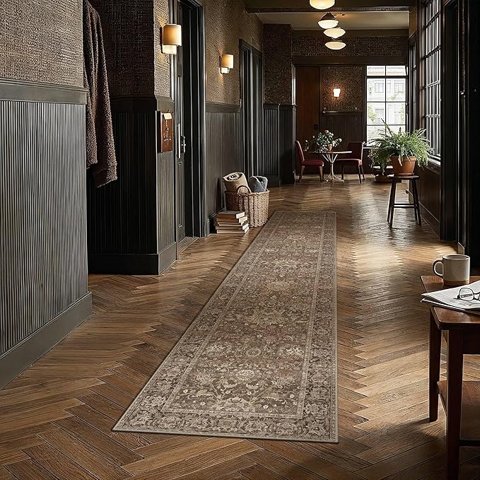 HUGEAR Hallway Runner Rugs 2x10 Brown Washable Rug Neutral Vintage Rug Carpet Distressed Soft Durable Non Slip No Shedding for Indoor Bedroom Kitchen Dining Nursery Laundry