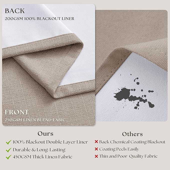 Burlywood Birch 94 Inch Long Blackout Curtains Thick Linen Pinch Pleated Curtains 2 Panels for Bedroom Living Room Darkening Light Blocking Energy Saving Pinch Pleat Back Tab 94 Inch Window Drapes