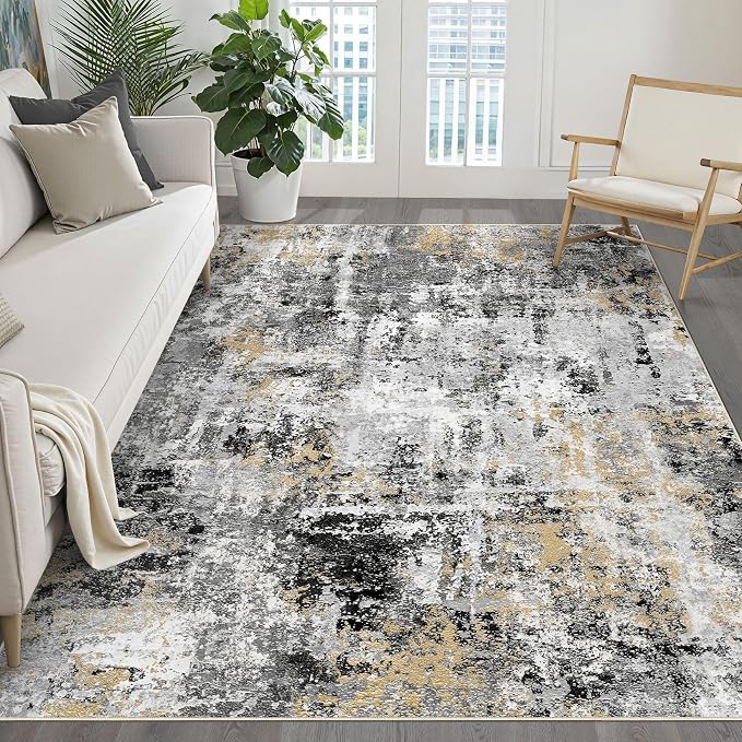 6x8 Area Rug Living Room: Washable Large Abstract Neutral Modern Soft Rug Stain Resistant Indoor Floor Non-Slip Accent Carpet for Bedroom Nursery Playroom Dining Room Office Dorm Home- Black Gold