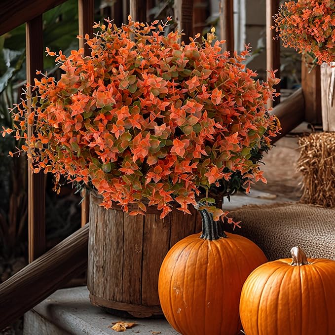 AXYLEX Artificial Fall Flowers Outdoor Fake Mums - 16 Bundles Fake Plants UV Resistant No Fade Faux Plastic Greenery Garden Porch Patio Fall Home Decor (Green Orange)