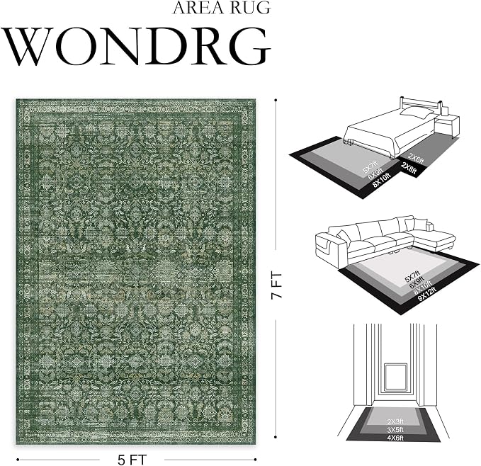 2x3 Green Washable Neutral Area Rug for Entryway Non Slip Soft Thin Throw Rug Floral Durable Low Pile Carpet Modern Stain Resistant Door Mat for Living Room Laundry Kitchen Playroom