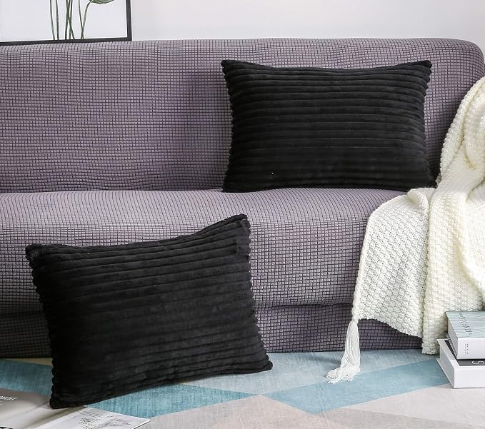 TangDepot Velvet Big Corduroy Pillow Covers 12x24 Black 2-Pack | Soft wide-stripe corduroy pillow cover, hidden zipper, machine washable, easy refresh, for bedroom living room indoor outdoor