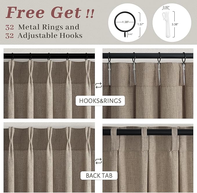 Dark Brown Pleated 102 Inch Extra Long Curtains 4 Panels Set for Sliding Glass Doors, Memory Trained Linen Sheer High Ceiling Cottage Core Curtain Light Filtering Non See Through Large Window Drapes