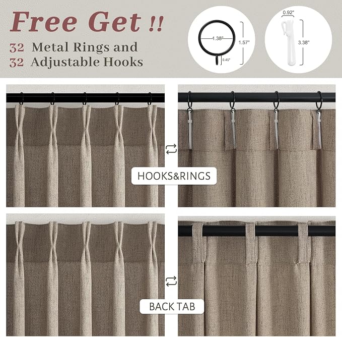 Pinch Pleated Dark Flax Linen Living Room Curtains 96 Inches Long 4 Panels Set, Memory Trained Semi Sheer Light Filtering Farmhouse Windows Curtain & Drapes for Sliding Glass Doors 8FT Length Back Tab