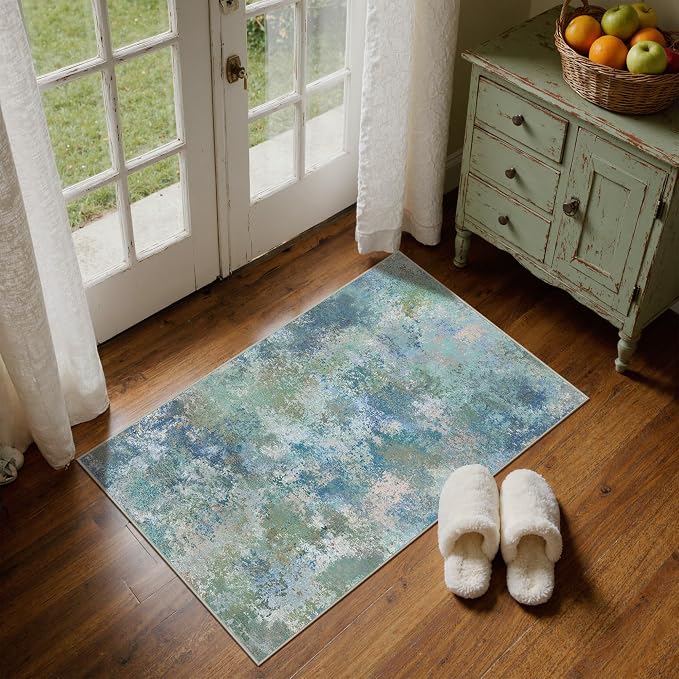 BEIMO 2x3 Rugs for Entryway Entrance Kitchen Bathroom, Machine Washable Rug Modern Abstract Soft Area Rug, Low Pile Indoor Floor Carpet with Non Slip Backing, Blue Green