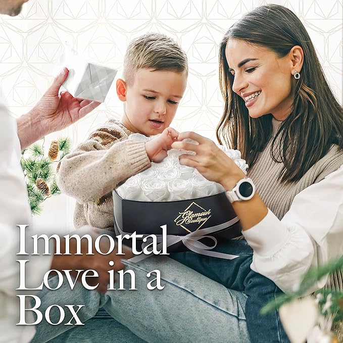 GLAMOUR BOUTIQUE 27 Flower Forever Heart Shape Box, Eternal Preserved Roses Gift for Her, Lasting Flowers, Premium Floral Heart Box for Birthday, Anniversary or Valentine’s Day, White (Color-Treated)