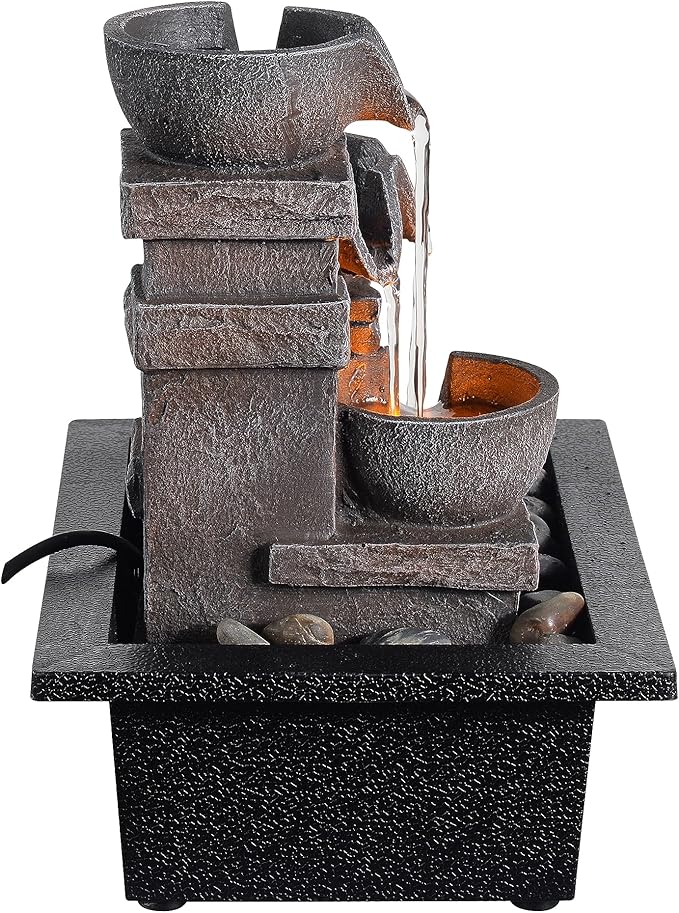 MAOCHI Indoor Fountain 3-Bowl Rockery Soothing Sound Tabletop Fountains Home/Office Decor with Natural River Rocks LED Lights Automatic Watering Pump(22044A)