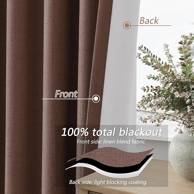 Guken 100% Blackout Curtains 102 Inch Length 2 Panels Set for Living Room Bedroom Back Tab Thermal Insulated Black Out Linen Drapes Room Darkening Cappuccino,52x102