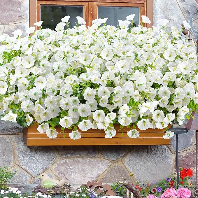 Waipfaru 24 Bundles Artificial Flowers for Outdoors Faux Plants Outdoor, UV Resistant Artificial Plants, Silk Petunias Fake Flowers for Outside Home Decor Planter Porch Decoration, White