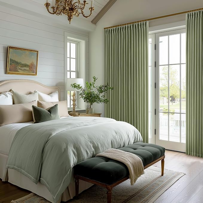 Olive Green Linen Curtains 84 Inches Long Pinch Pleated for Living Room Bedroom Pinch Pleat Drape Hooks Rings Back Tab Light Filtering Boho Semi Sheer Loden Hunter Moss Green Curtain 84 Inch Length