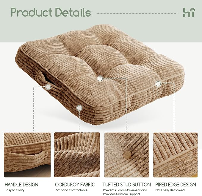 HIGOGOGO Floor Pillow Cushion for Adults, Meditation Cushion Pillow, Large Square Floor Sitting, Tufted Corduroy Cover, for Tatami Living Room or Yoga, 22x22 Inch, 2Pack, Coffee