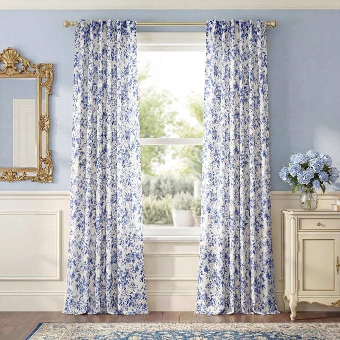 StangH Romantic Blue Floral Curtains for Dining Room & Large Windows, Elegant Peony Pattern Slub Weave Drapes, Victorian Style Manor Aesthetic Window Treatments, W52 x L96, 2 Panels