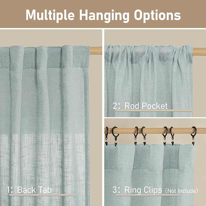 LAMIT Short Linen Curtains 40 Inch Length, Semi Sheer Light Filtering Panels Back Tab and Rod Pocket Neutral Drapes for Basement/Window/Loft Room, Greyish Blue, 34 x 40 Inch, 2 Panels