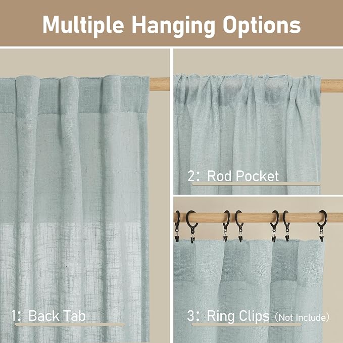 LAMIT Living Room Linen Curtains - 90 Inch, Back Tab & Rod Pocket, Light Filtering, Burlap Textured Sheer Curtains for Farmhouse, 2 Panels, 52 x 90 Inch, Greyish Blue